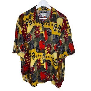 Vintage 90s Women's Red Rayon Aztec Print Short Sleeve Top, Gender Neutral, 18W